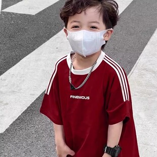 男女童三条杠纯棉百搭短袖t恤新款中大童装字母印花儿童洋气上衣