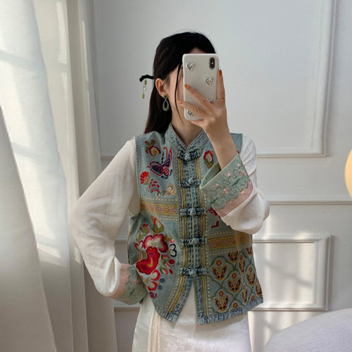 新中式国风重工刺绣牛仔马甲女装2026春秋季休闲洋气坎肩背心上衣