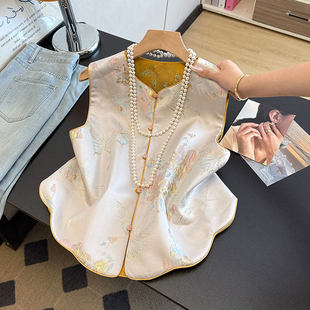 双面穿国风马甲复古缎面提花马夹新中式 上衣春秋冬叠穿背心女 唐装