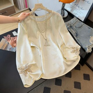 2026春秋季新中式国风重工钉珠提花打底长袖衬衫高级感内搭上衣女
