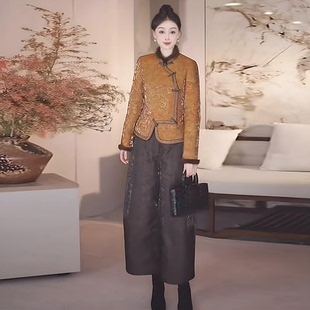 新中式国风棉衣外套女套装气质百搭显瘦加绒加厚九分阔腿裤两件套