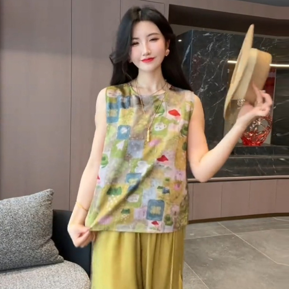 新中式女装绿色圆领印花无袖马甲背心夏季独特漂亮减龄款衬衫上衣