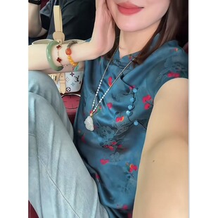 新中式国风樱桃人丝提花中长款短袖衬衫女夏季老钱风宽松上衣小衫