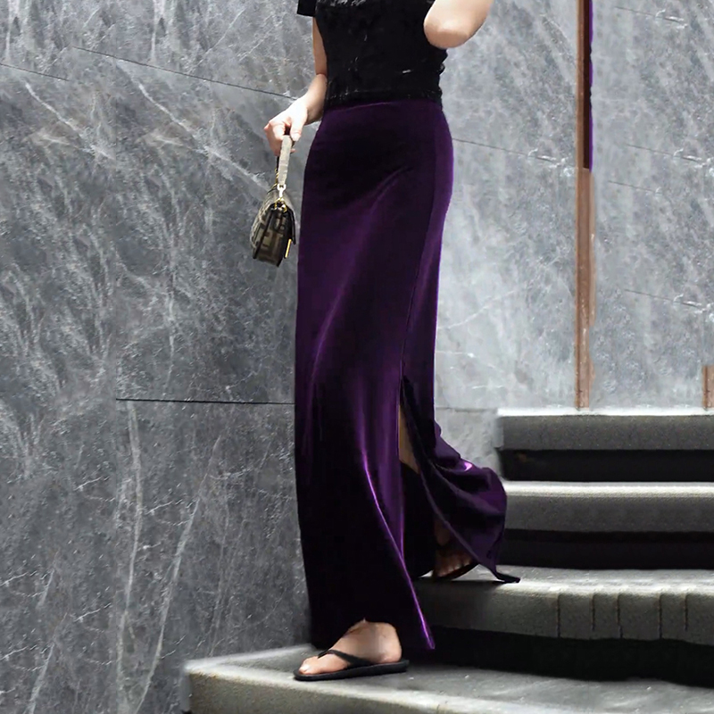 新中式国风高级感轻奢丝绒鱼尾裙2025春秋季开叉显瘦垂感长款半裙