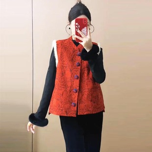 2025冬季新中式拜年服棉马甲女国风复古红色百搭休闲加厚外穿背心