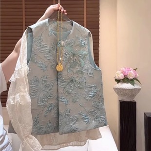 欧货新中式刺绣镶钻亮片马甲女2025春夏新款时尚提花复古气质外套