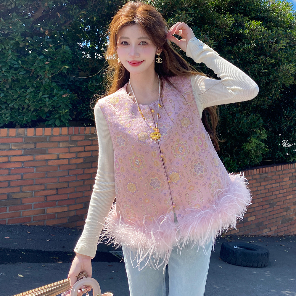 2025秋冬新中式国风粉金宝相花驼鸟毛粉色提花加棉马甲女加厚背心