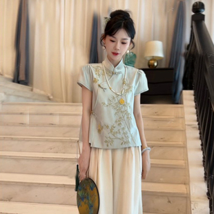 夏季新中式国风立领重工刺绣短袖衬衫T恤女I气质百搭显瘦马甲上衣