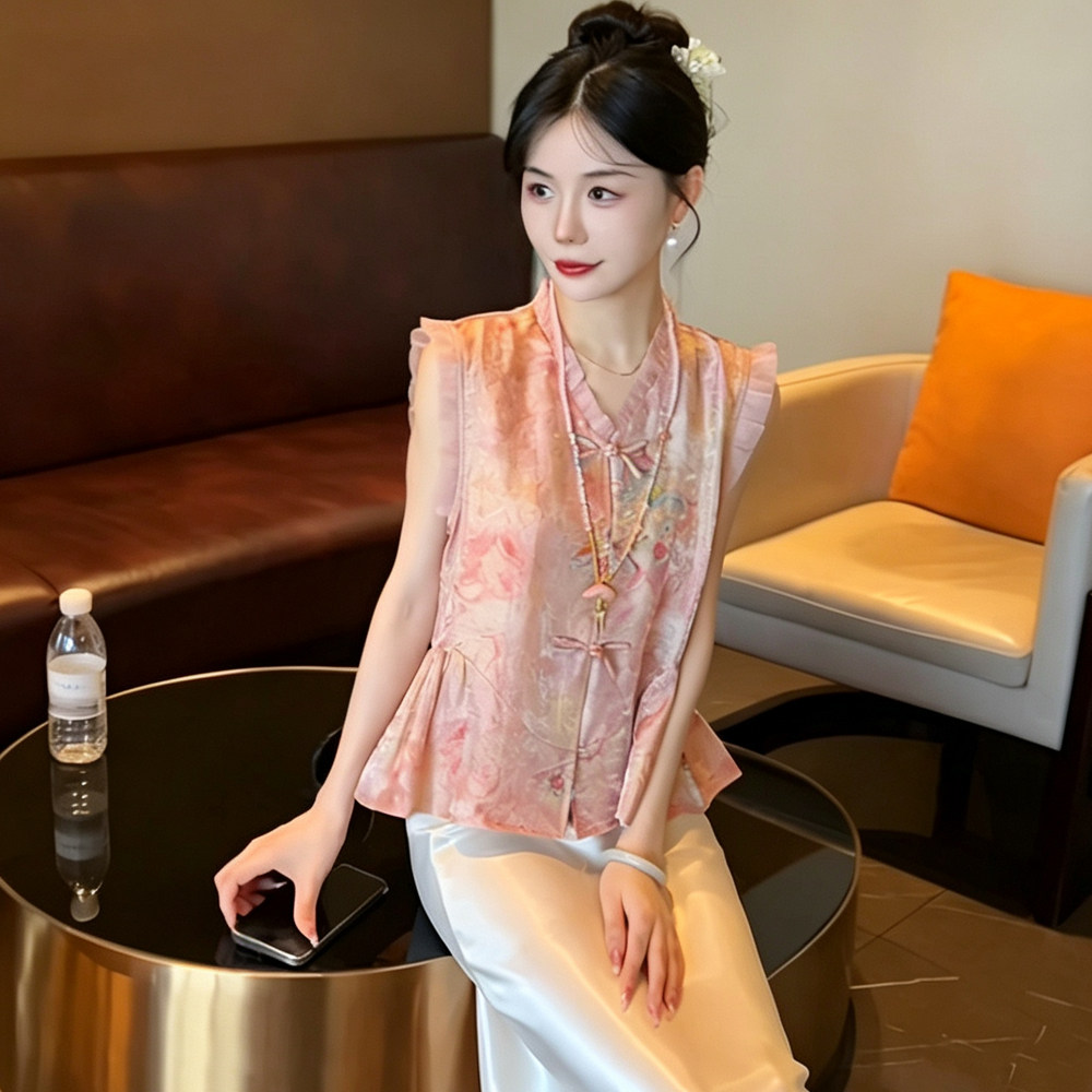 新中式国风无袖荷叶边马甲衬衫女夏季气质百搭显瘦高级感轻奢上衣图片