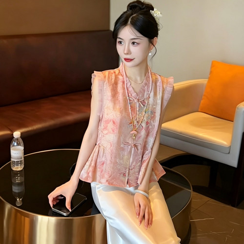 新中式国风无袖荷叶边马甲衬衫女夏季气质百搭显瘦高级感轻奢上衣