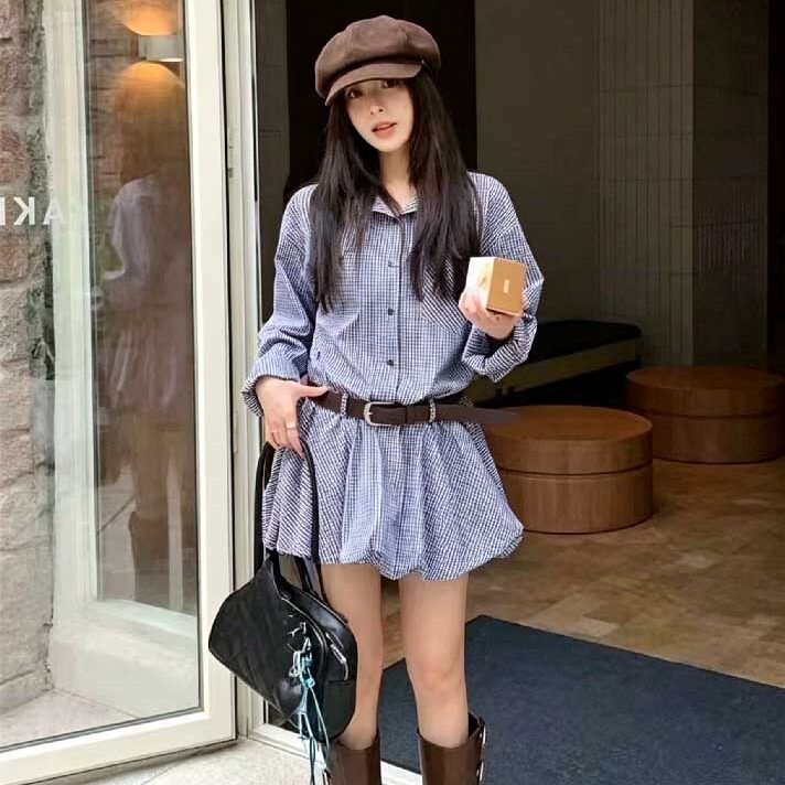 极简风高级感白色衬衫连衣裙女秋季休闲收腰气质甜美短款花苞裙子图片