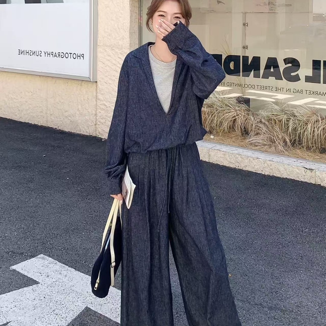 韩系复古休闲风两件套女2026春新款撞色假两件长袖上衣阔腿裤套装,女装/女士精品,时尚套装,淘宝优惠券,粉丝福利购,淘宝优惠卷