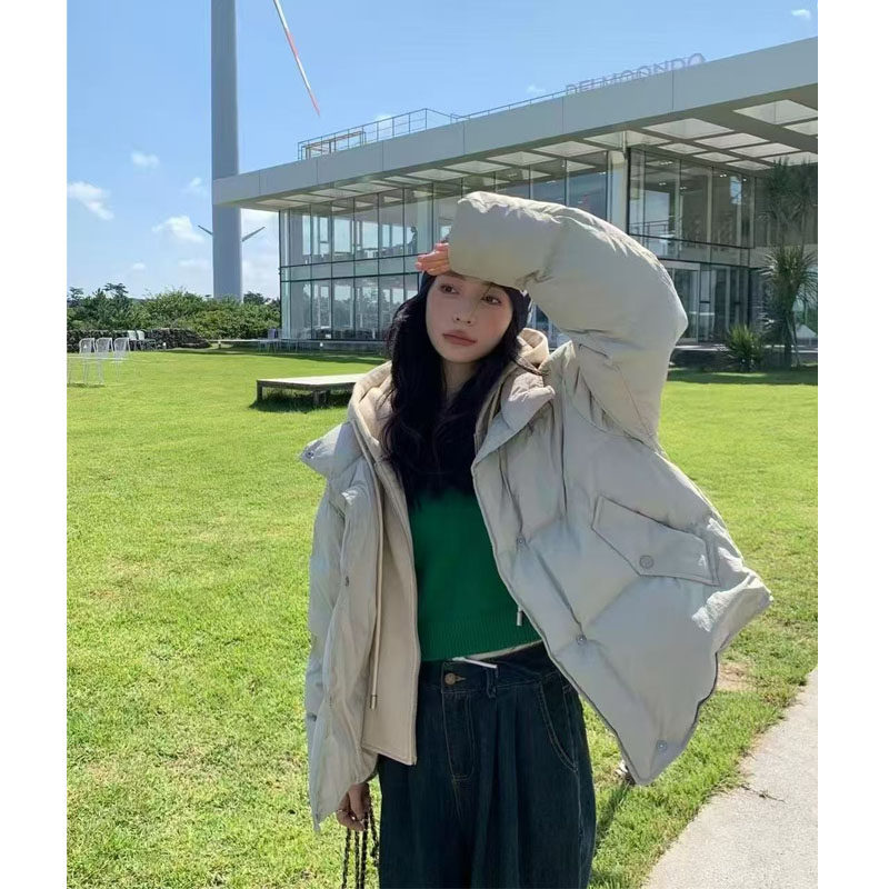 韩系休闲拼接连帽外套冬季新款时尚卫衣假两件棉服外套女