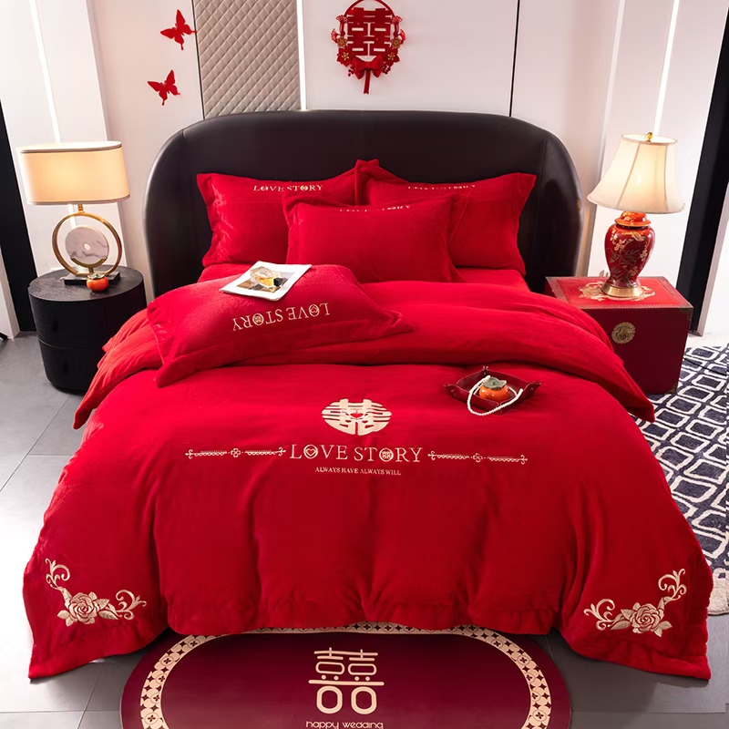 婚庆结婚铺床刺绣加厚冬季保暖新氧绒四件套 专版花型