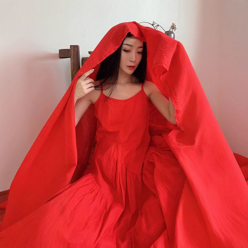 自制不规则大摆吊带连衣裙 3色文艺复古女士裙子棉麻长裙图片