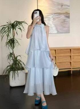 度假风挂脖无袖蛋糕裙女夏白色长裙显瘦连衣裙拍照好看超仙仙女裙
