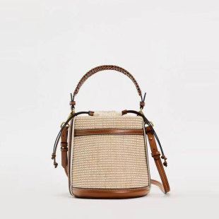 跨境圆桶包时尚 拼色出游单肩手提斜挎编织水桶包女 新品 ZR2025夏季