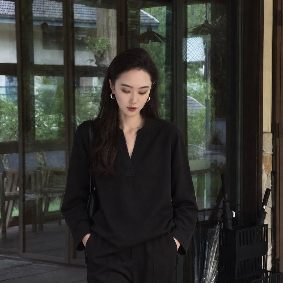 Pralado简约风V领长袖女黑色宽松百搭极简风上衣裤子两件套6933