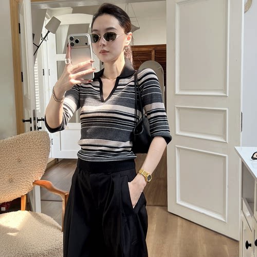 Pralado新款条纹V领七分袖针织衫女修身百搭毛衣上衣6823