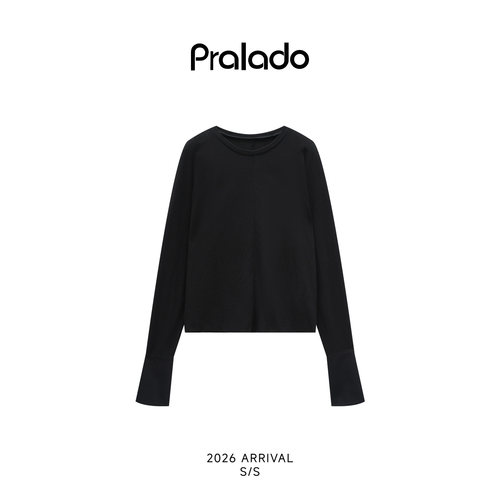 Pralado极简风圆领长袖T恤女黑色基础款舒适打底上衣7688