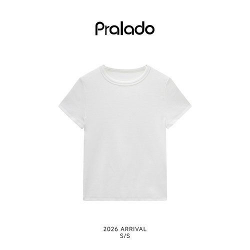 Pralado简约白色短袖T恤女夏季圆领舒适百搭基础款上衣7151