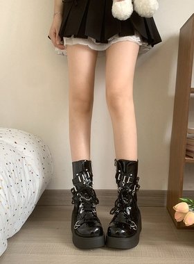 Demonia PUNK厚底靴铆钉扣带坡跟高筒女靴朋克风辣妹时尚机车靴