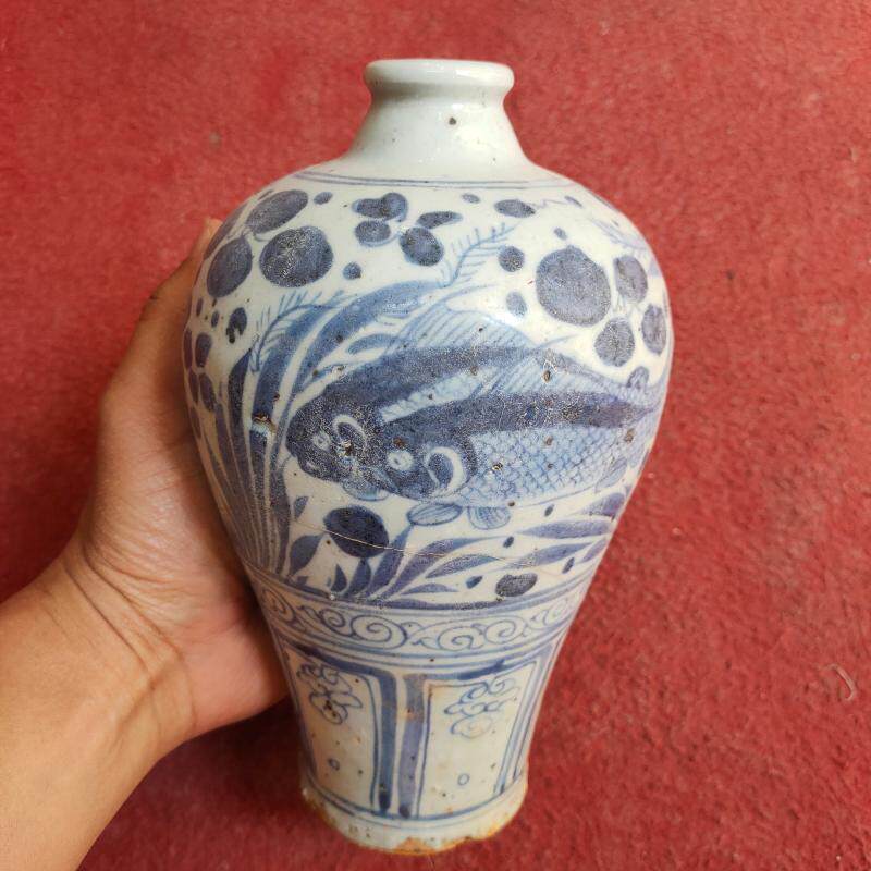 仿古花瓶大元朝至正八年手工画陶瓷青花鱼纹梅瓶景德镇瓷器做旧品