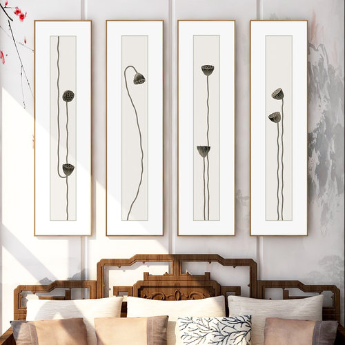 莲蓬图新中式四条屏茶室挂画