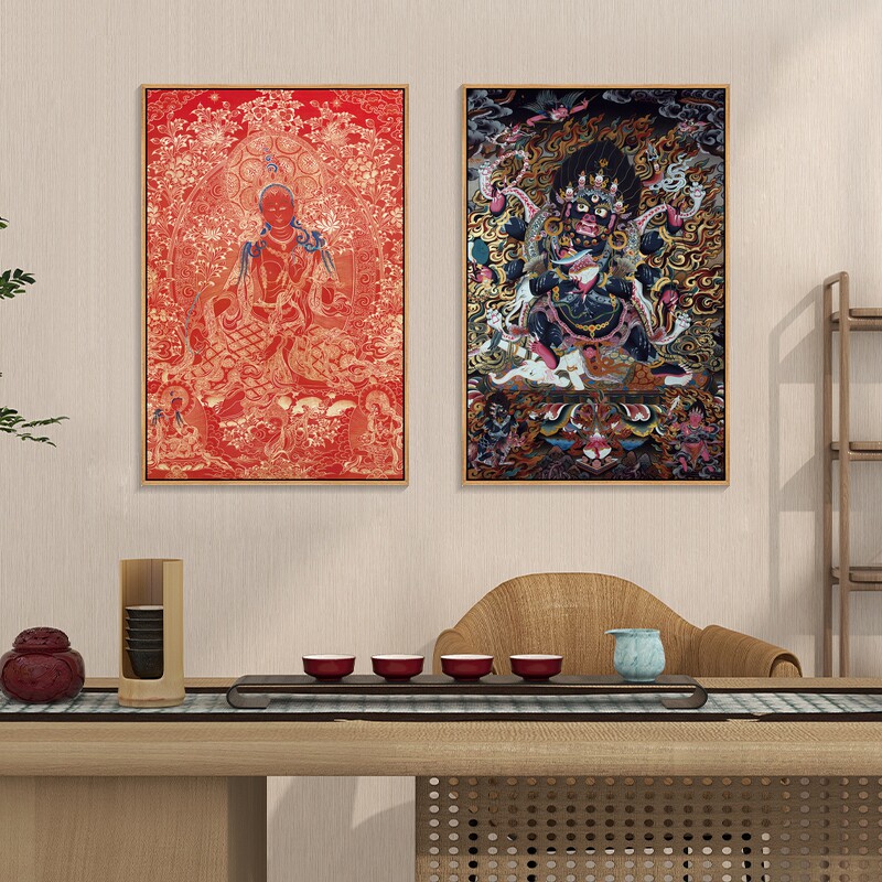 唐卡挂画八方财神装饰画藏式释迦牟尼佛像千手观音文殊菩萨玄关画