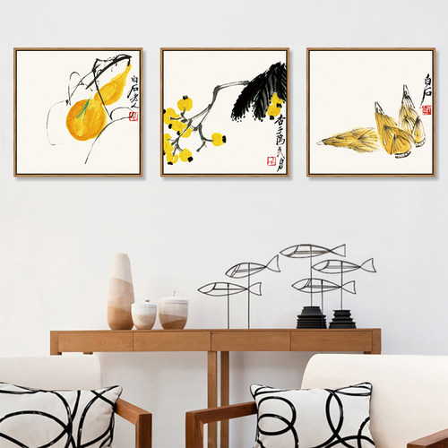 齐白石装饰画葫芦挂画禅意水墨国画客厅四联画餐厅卧室床头画方形_虎窝淘