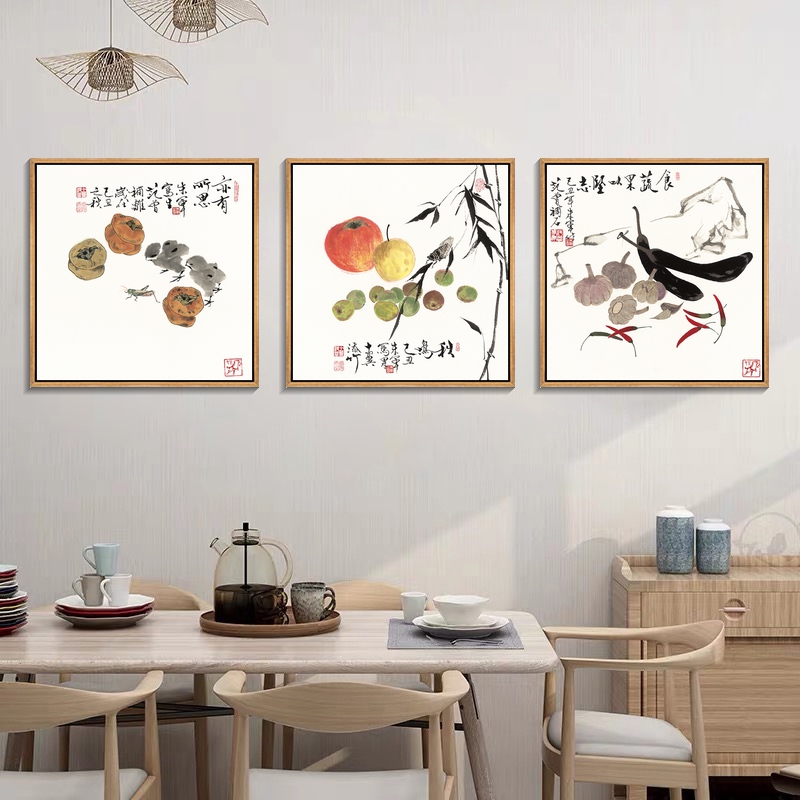 餐厅蔬菜水果装饰画水墨画新中式客厅饭店饭厅挂画西瓜香蕉墙壁画图片