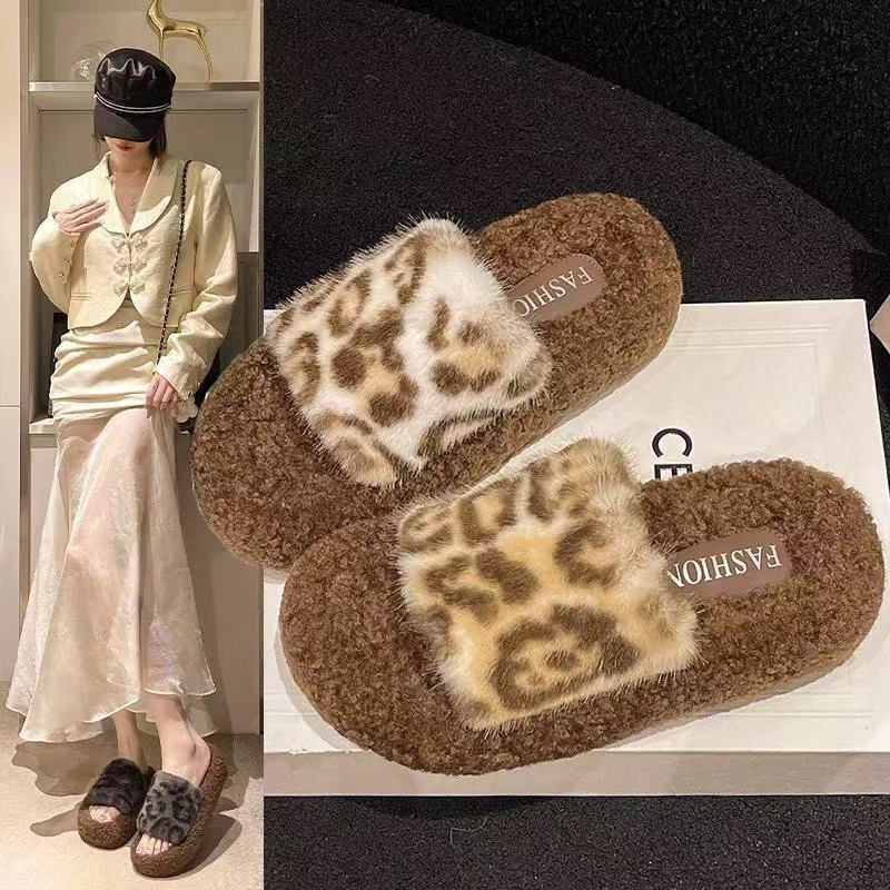 豹纹厚底毛毛拖鞋女秋冬季新款外穿时尚棉拖鞋家居加绒保暖一字拖