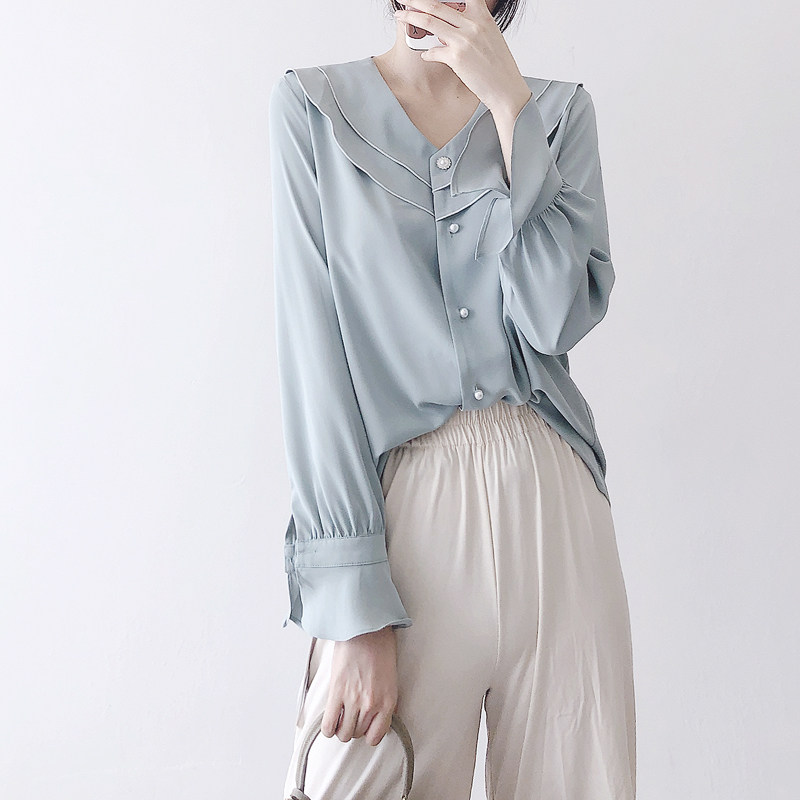 双层荷叶V领雪纺衬衫 珍珠水钻扣宽松长袖打底秋冬通勤韩国白衬衣在类目 女装/女士精品, 衬衫中 - 来自Buy2taobao.com提供专业的淘宝代购服务