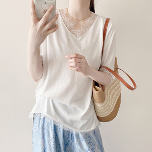 不扎人 夏季 特价 睫毛蕾丝V领棉麻T 薄款 凉快透气上衣女宽松大码