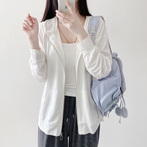 初秋薄款连帽外搭开衫女设计感韩系罩衫宽松大码防晒外套宽松上衣