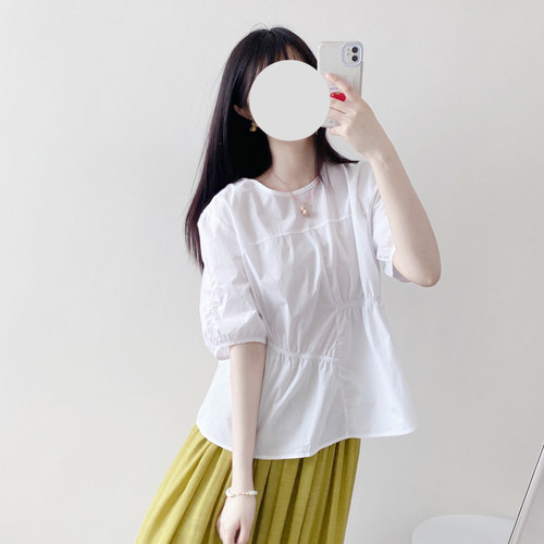 设计感褶皱收腰遮肚子显瘦圆领套头短袖纯色小衫女26夏季薄款衬衫