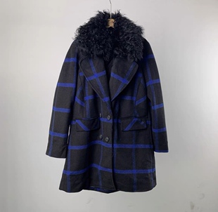 意大利单zieza春秋女士毛呢外套经典条纹格子中长款大衣带毛领