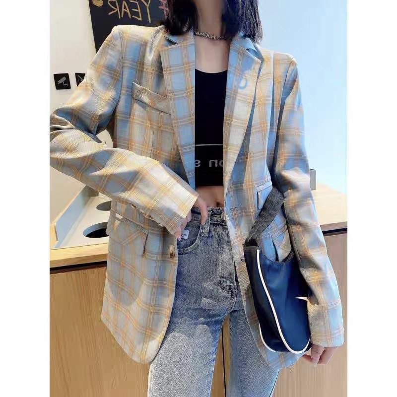 TNT欧洲站新款韩版时尚拼色小格子西装蓝色外套女休闲舒适西装
