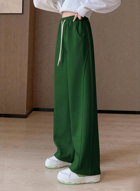 深绿色阔腿香蕉裤女款休闲裤秋冬加绒设计感高腰遮胯显瘦弯刀卫裤