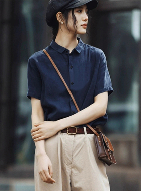 复古港风短袖衬衫女夏季宽松日系文艺纯棉藏青色棉麻亚麻衬衣上衣