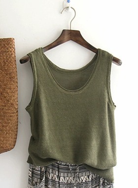文艺范复古棉麻针织打底衫夏季休闲修身显瘦亚麻吊带衫宽肩带背心