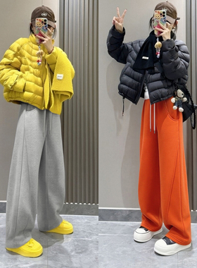 加绒加厚美式弯刀卫裤女秋冬高腰阔腿裤宽松外穿香蕉裤运动休闲裤