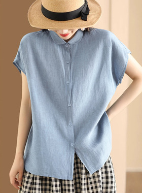 法式小飞袖衬衫女夏季文艺复古小清新娃娃领短袖棉麻亚麻衬衣上衣