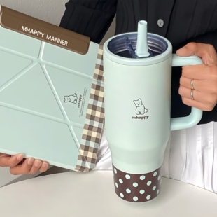 MhappyManner原创薄巧小狗水杯大容量夏天保温水杯小巧便携吸管杯