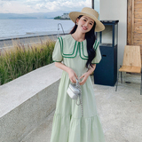 双层娃娃领绿色连衣裙女夏清纯甜美气质显瘦小清新减龄法式长裙子，女装连衣裙，浙宝228