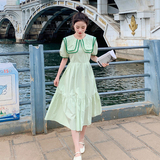 双层娃娃领绿色连衣裙女夏清纯甜美气质显瘦小清新减龄法式长裙子，女装连衣裙，浙宝228