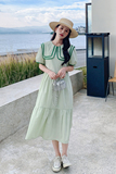 双层娃娃领绿色连衣裙女夏清纯甜美气质显瘦小清新减龄法式长裙子，女装连衣裙，浙宝228