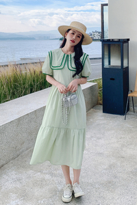 双层娃娃领绿色连衣裙女夏清纯甜美气质显瘦小清新减龄法式长裙子图片