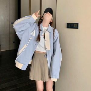 蓝色短款学院风棒球服外套女春秋2025超火好看高级感小众夹克上衣图片