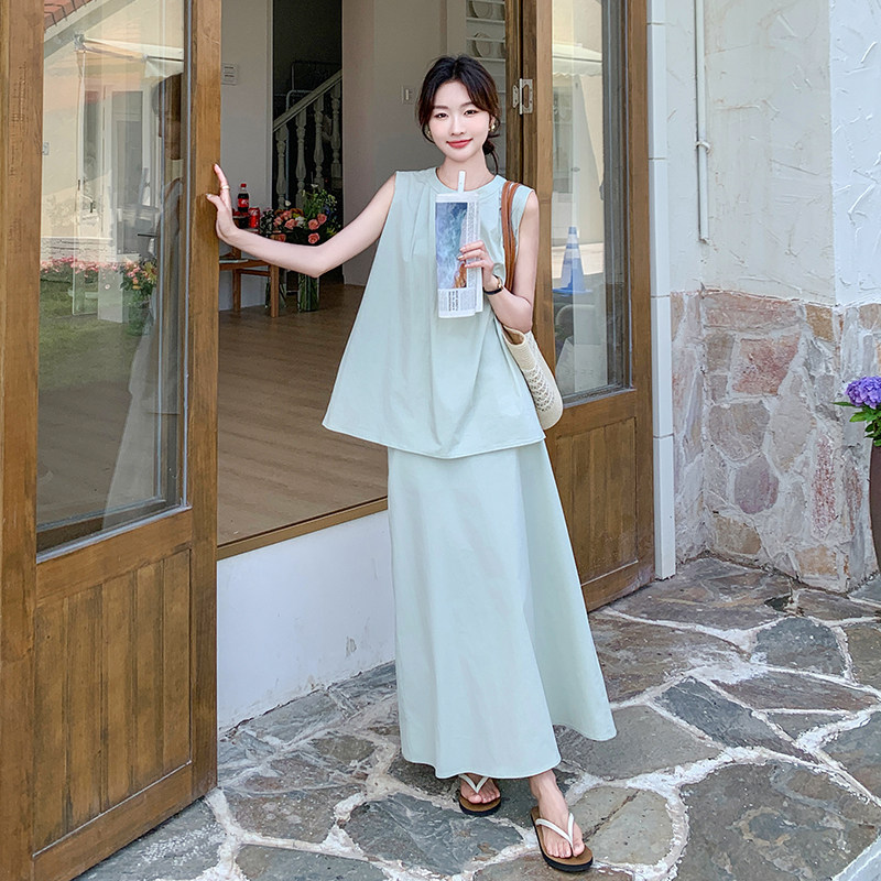 浅绿色褶皱背心套装裙女2025夏季法式设计感宽松显瘦半身裙两件套,商品下架区,浙宝228